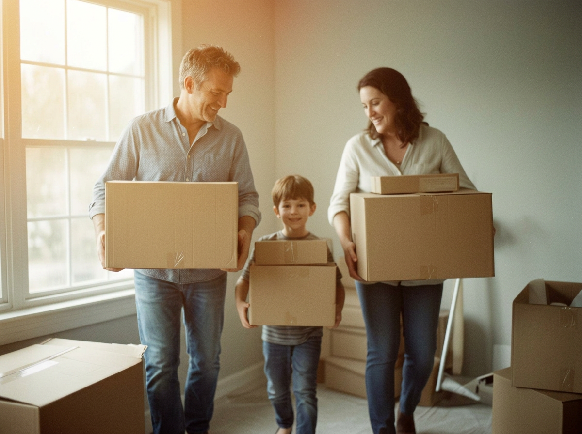 Família se mudando com caixas para a nova casa